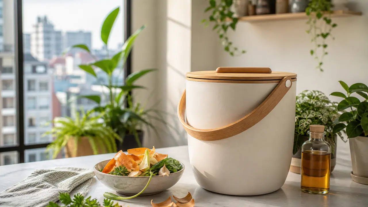 Composteur Bokashi design en bois et céramique dans une cuisine d’appartement moderne