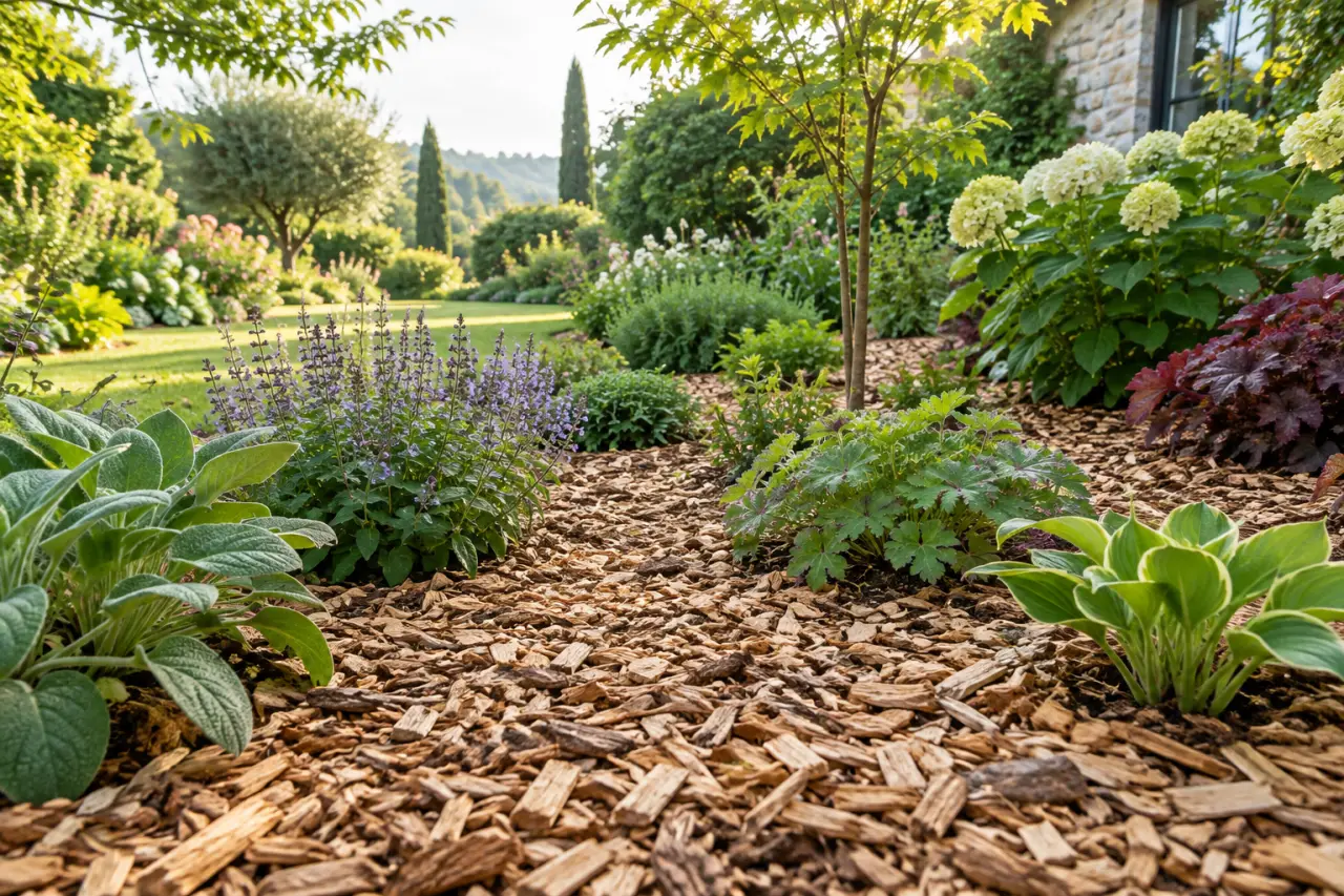 Copeaux de bois au jardin : 5 à 8 cm pour garder un sol frais sans étouffer les plantes