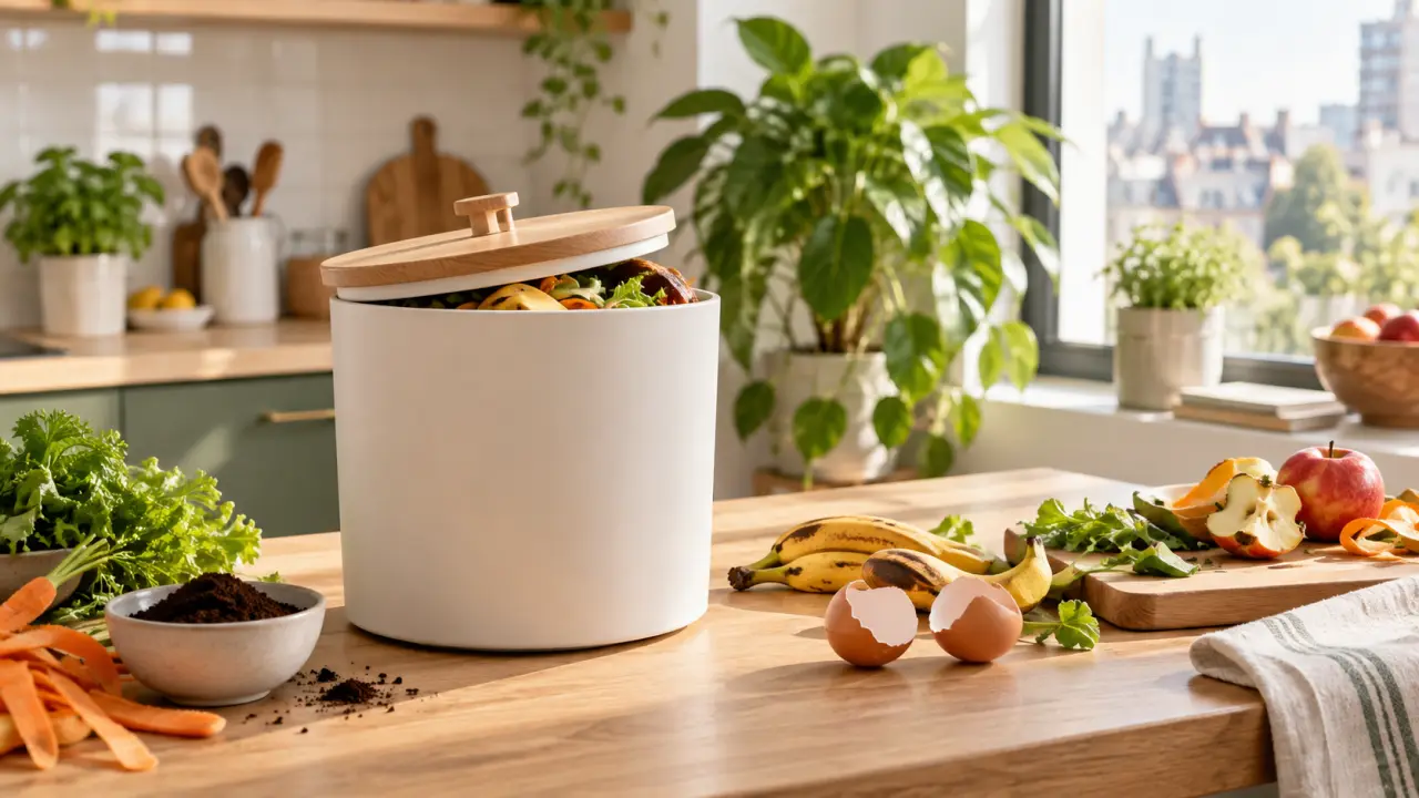 Seau à compost dans une cuisine d'appartement avec épluchures de légumes et marc de café
