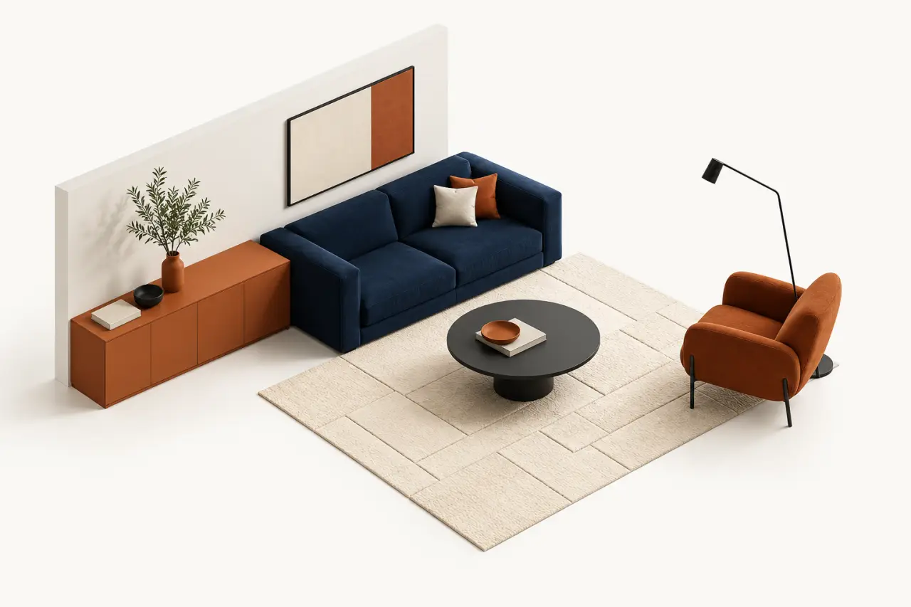 Aménagement intérieur et extérieur Primhome : salon fonctionnel avec circulation dégagée et rangement intégré