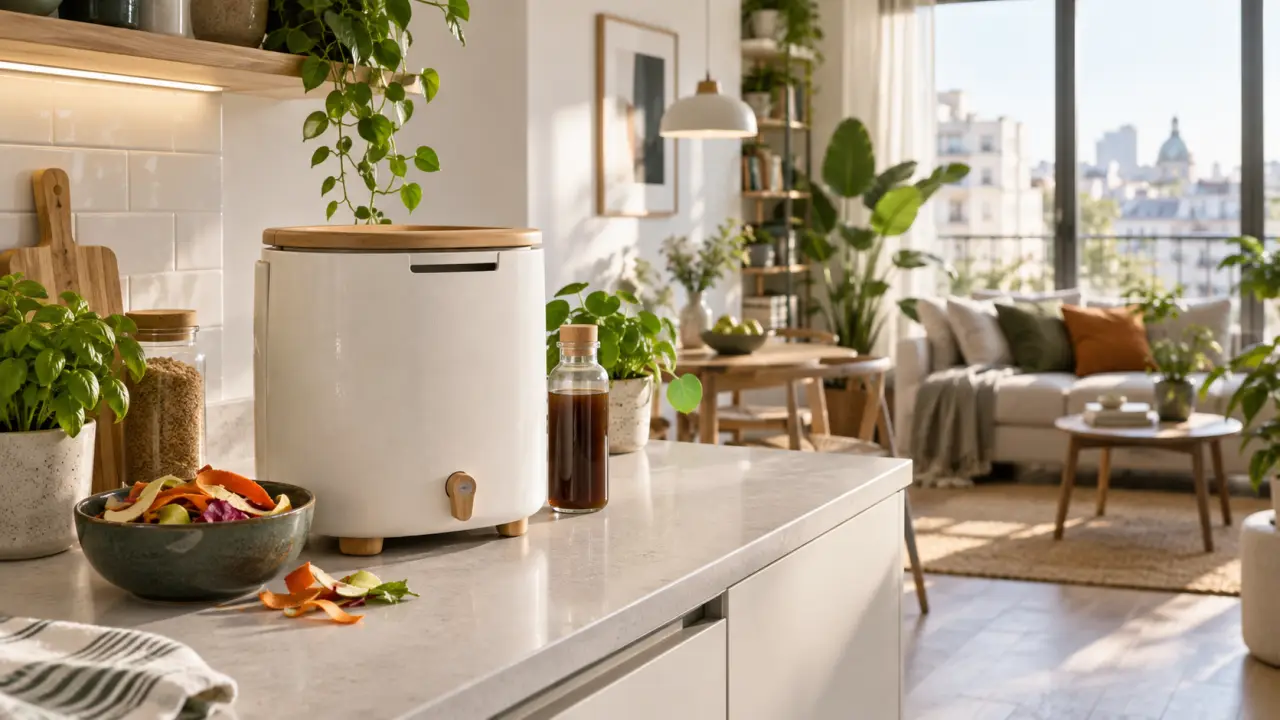 Composteur Bokashi design installé dans une cuisine d'appartement