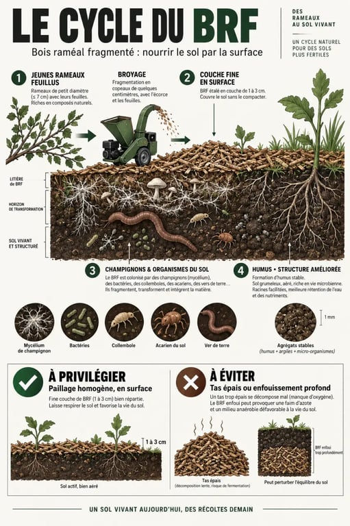 Infographie du cycle du BRF bois rameal, du broyage des jeunes rameaux à la formation d’humus