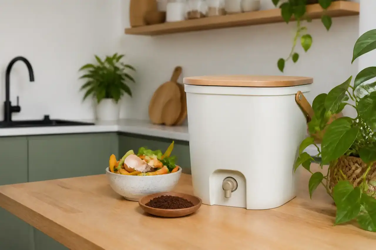 Composteur Bokashi design en céramique et chêne dans une cuisine d’appartement lumineuse