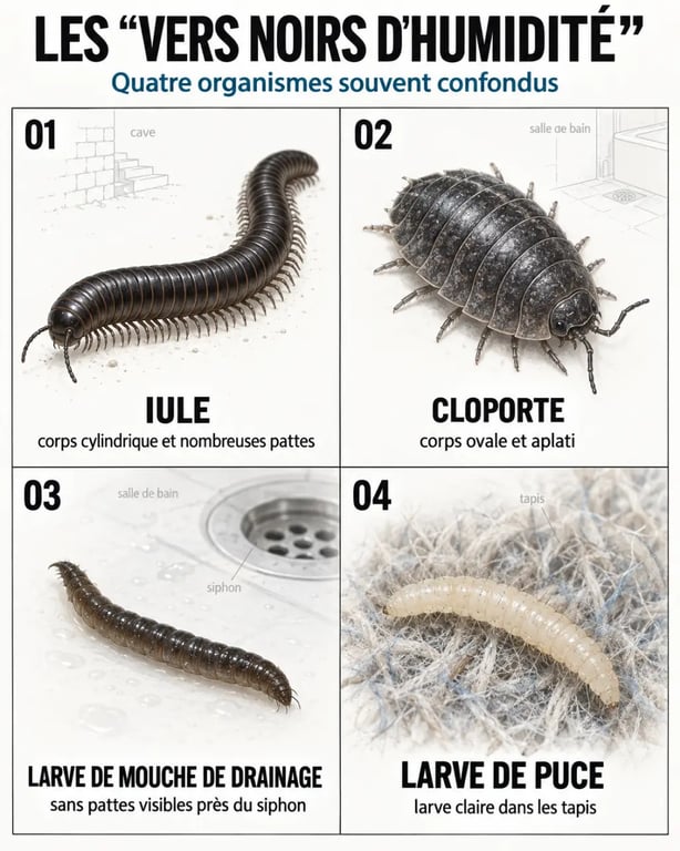 Vers noirs d’humidité : comparaison visuelle entre iule, cloporte et larves selon leur aspect et leur lieu d’apparition
