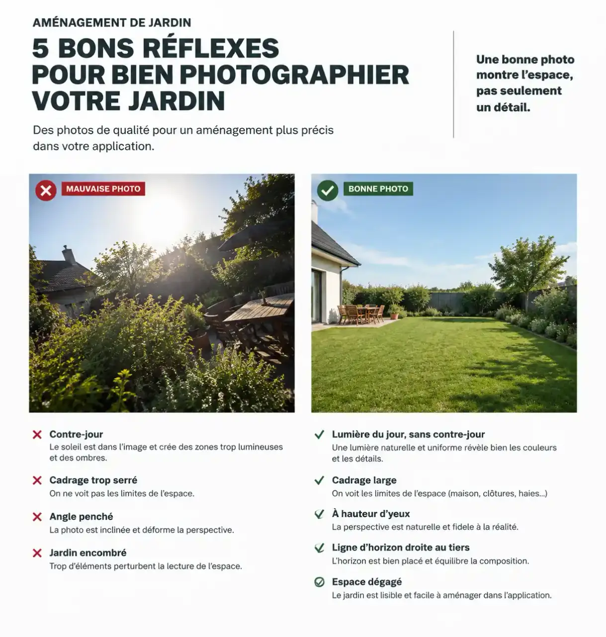 Comment bien photographier son jardin pour une application d'aménagement extérieur à partir d'une photo : bon et mauvais cadrage