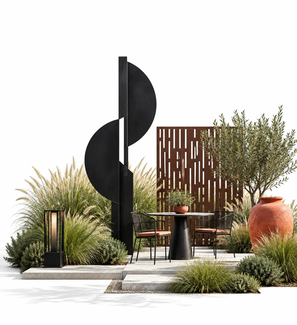 Décoration de jardin originale avec sculpture, lanterne et poterie colorée