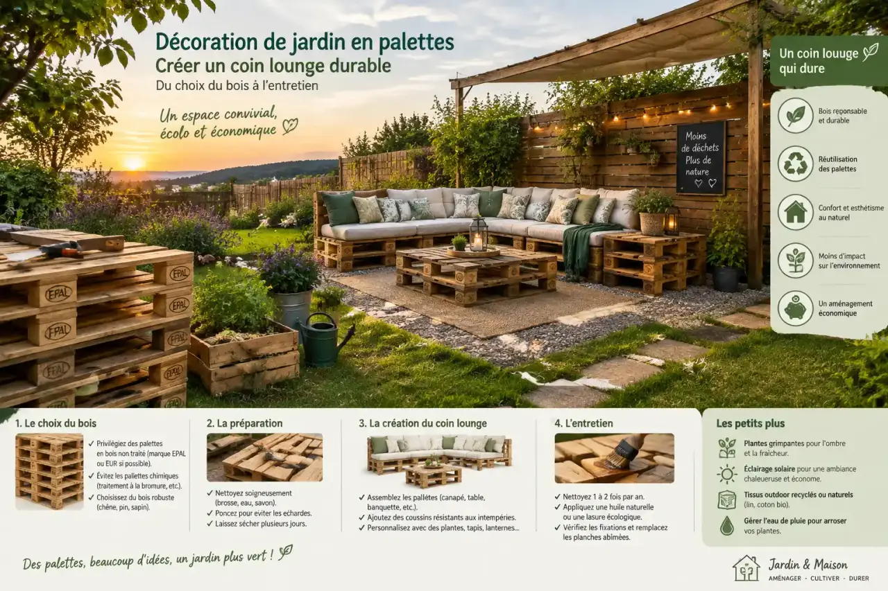 Décoration de jardin en palettes : créer un coin lounge durable, du choix du bois à l’entretien