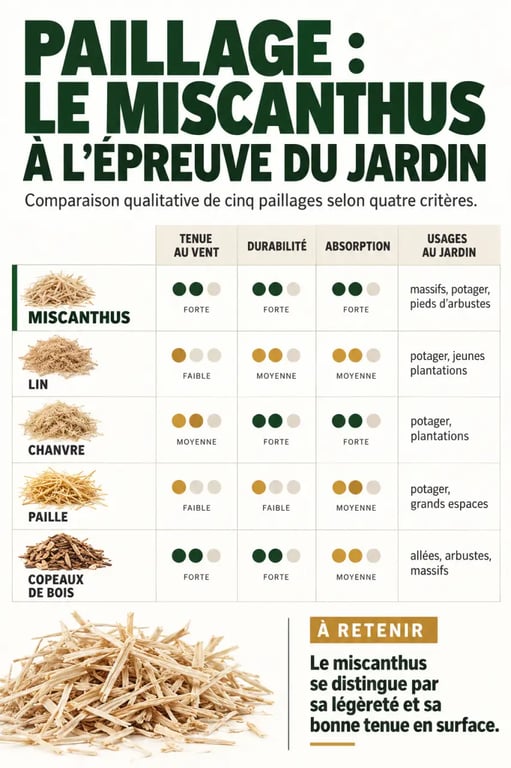 Infographie comparative sur le paillage miscanthus, le lin, le chanvre, la paille et les copeaux de bois