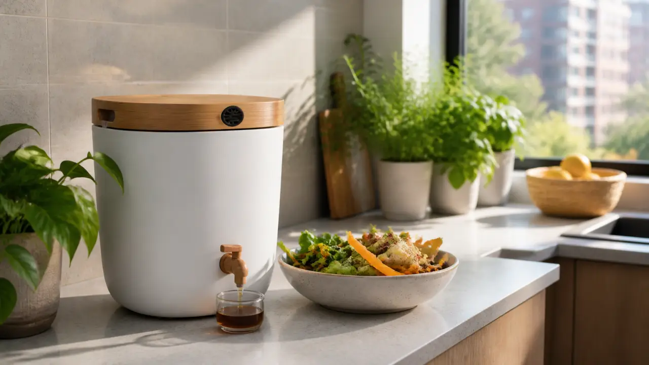 Composteur Bokashi design posé dans une cuisine d'appartement lumineuse