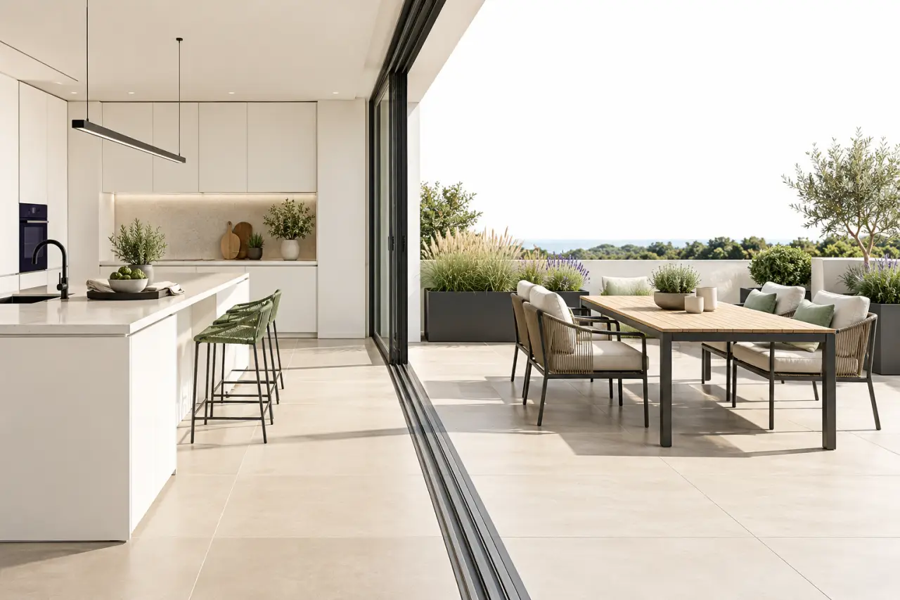 Aménagement intérieur et extérieur Primhome : terrasse et jardin prolongés par un intérieur harmonieux