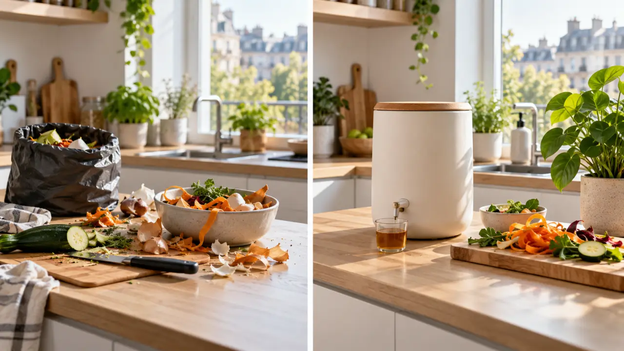Composteur Bokashi design en bois et céramique dans une cuisine urbaine lumineuse