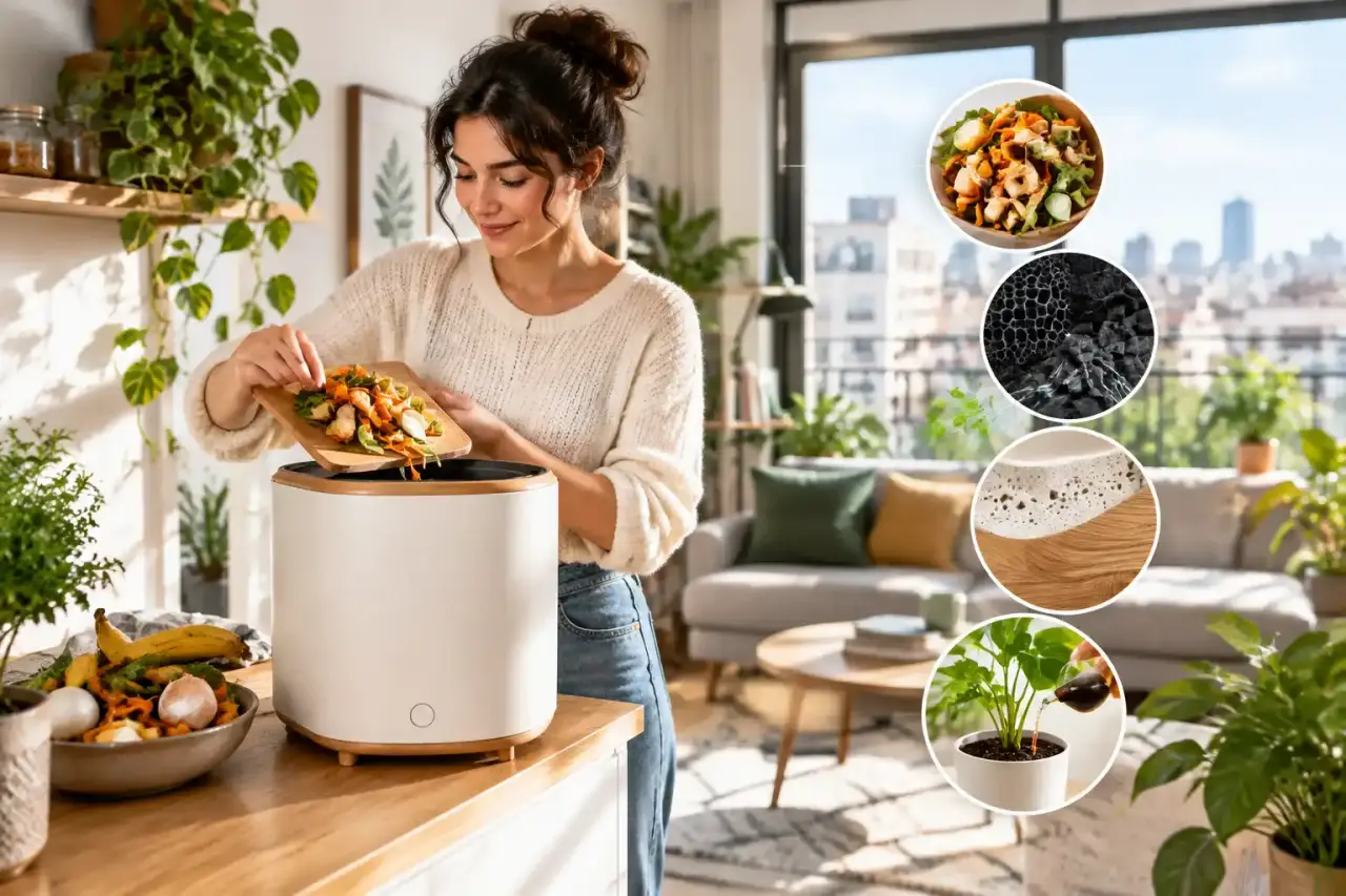 Élégant composteur d'intérieur en céramique et bois dans une cuisine moderne