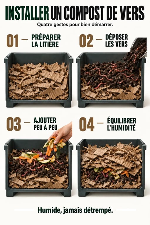 Étapes illustrées pour installer un compost de vers sans odeurs