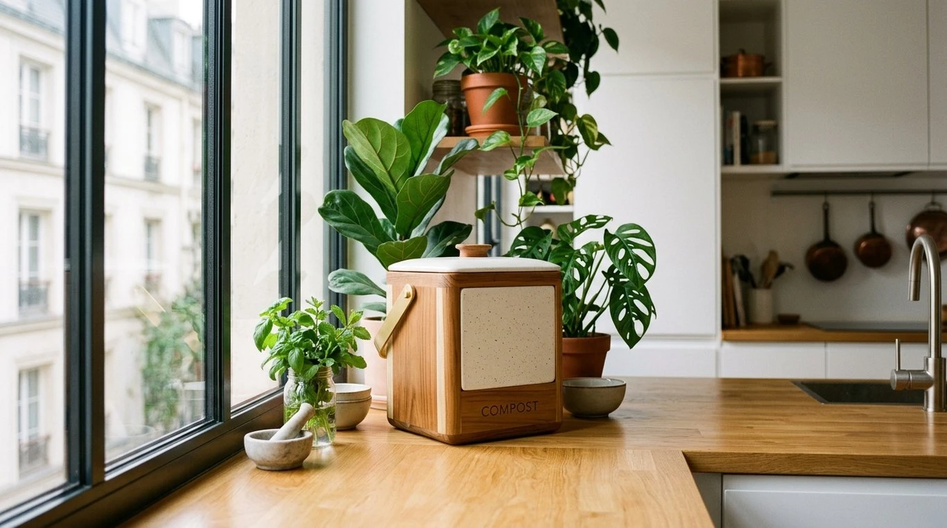 Élégant composteur en bois et céramique posé dans une cuisine d'appartement moderne, entouré de plantes