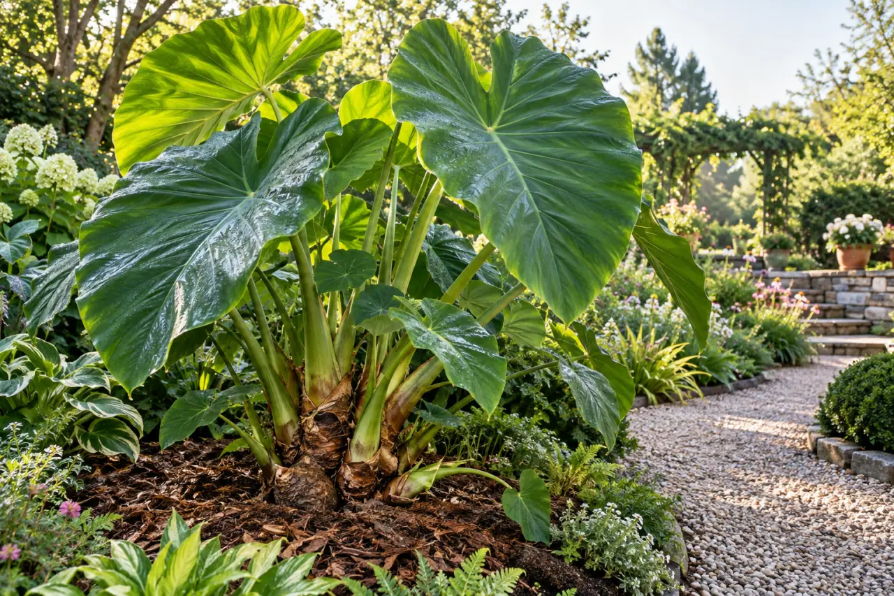 Plante oreille d’éléphant en extérieur : de grandes feuilles l’été, une souche à protéger l’hiver