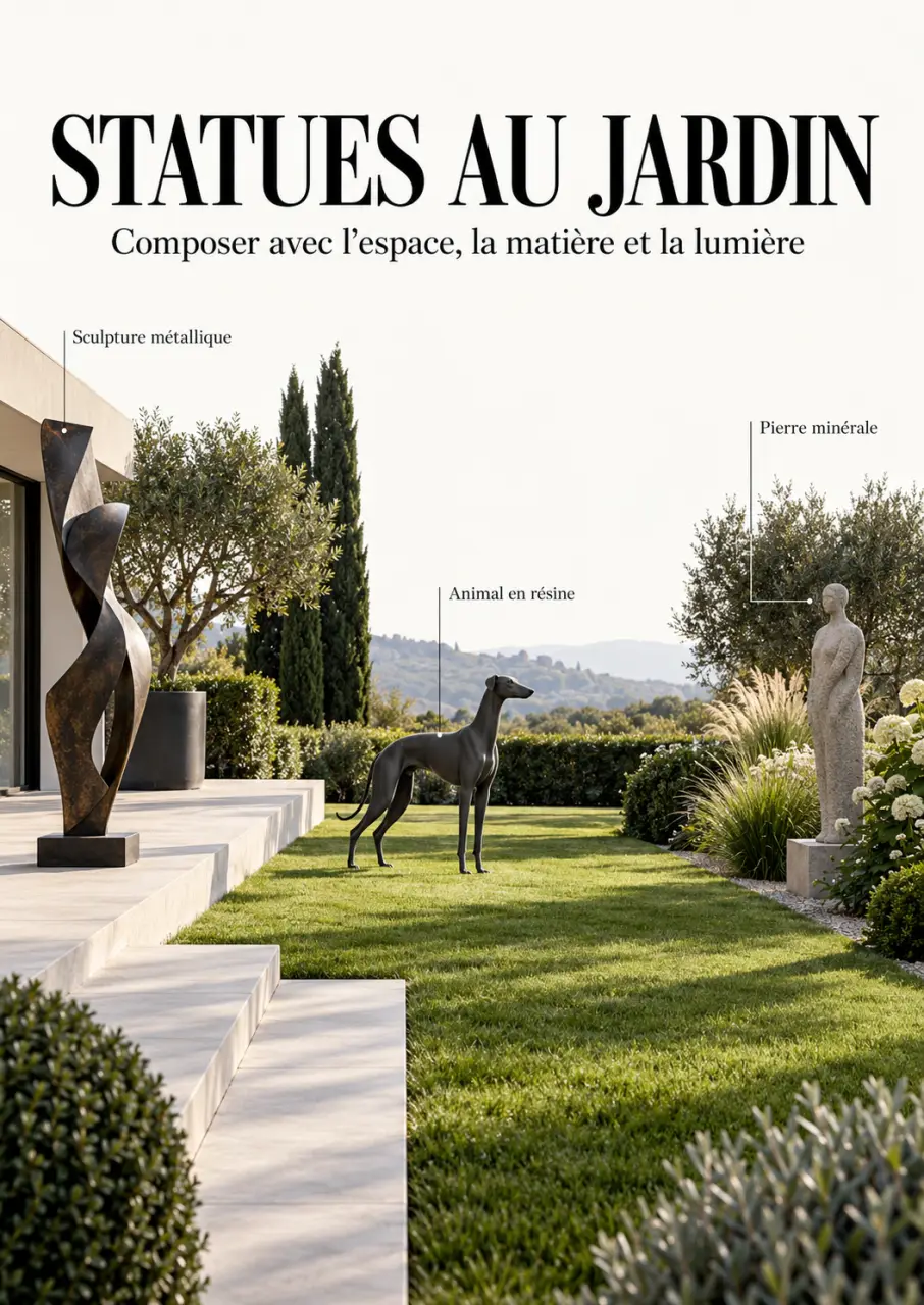 Statues décoration jardin mises en scène selon différents styles et emplacements