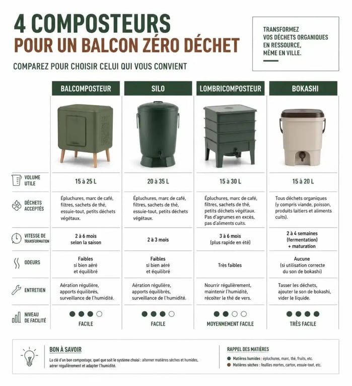 Comparatif des quatre types de composteur balcon : balcomposteur, silo, lombricomposteur, bokashi