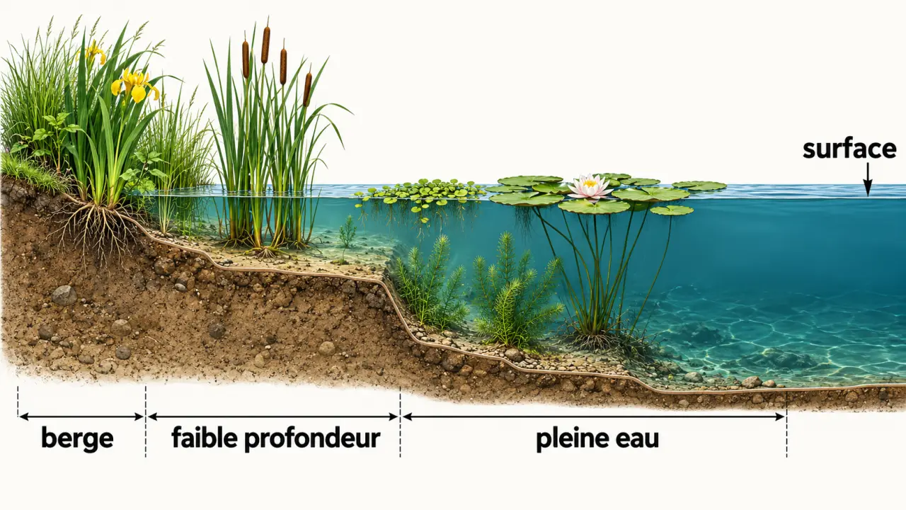 Plante pour bassin extérieur : schéma des zones de plantation entre berge, faible profondeur, pleine eau et surface
