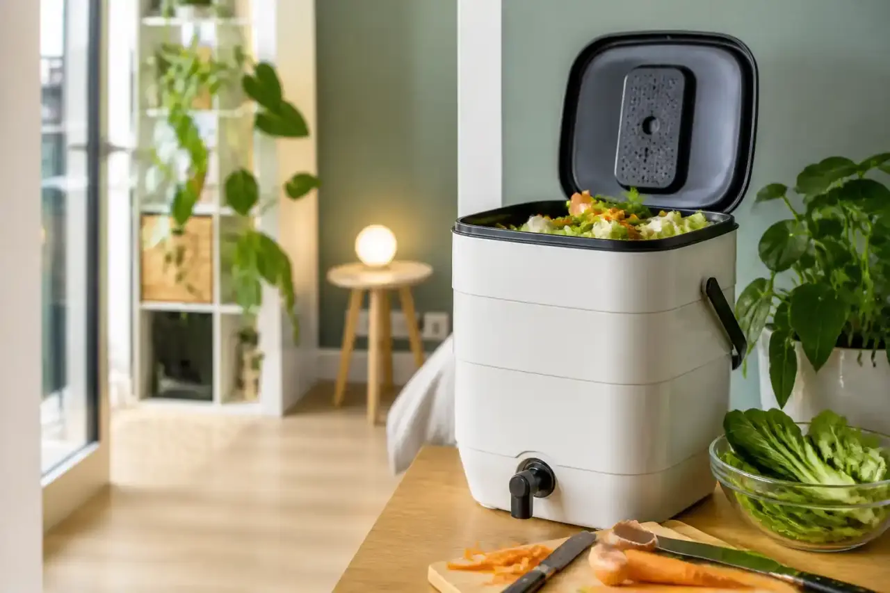 Composteur Bokashi design dans un studio lumineux