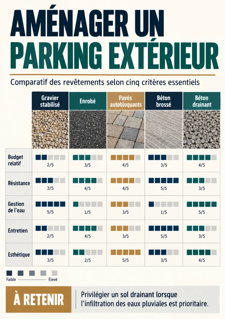 Infographie comparative pour l'aménagement d'un parking extérieur selon le revêtement, la résistance et le drainage