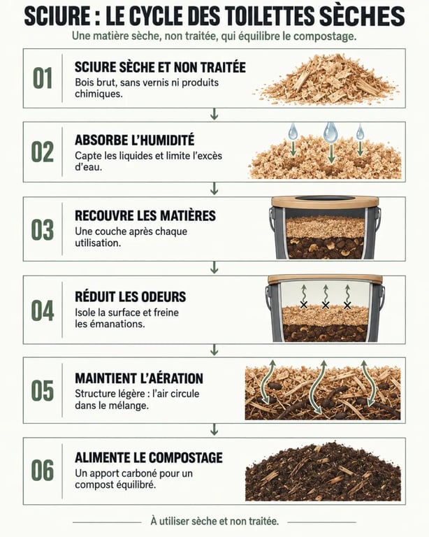 Fonctionnement de la sciure pour toilettes sèches de l’absorption au compostage
