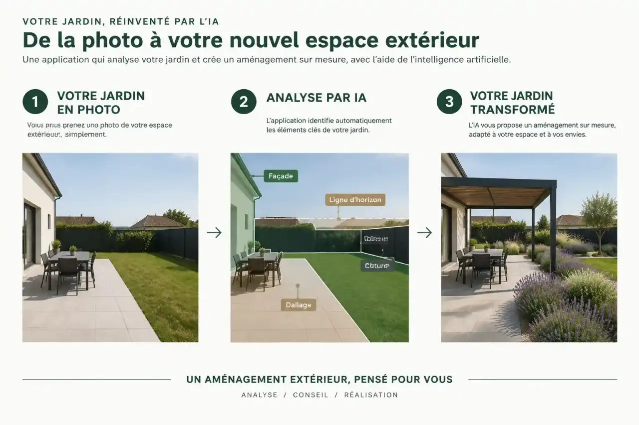 Schéma du fonctionnement d'une application d'aménagement extérieur à partir d'une photo : import, analyse de l'espace, rendu transformé