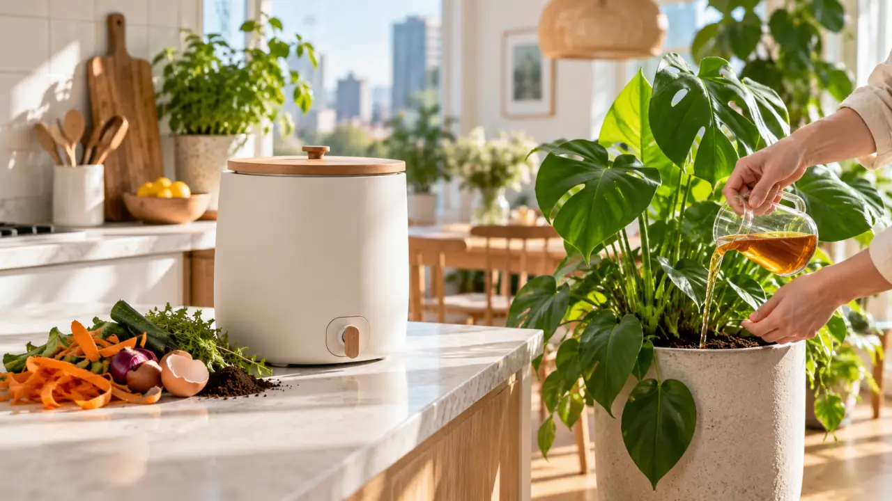 Composteur d'intérieur en bois et céramique dans une cuisine lumineuse