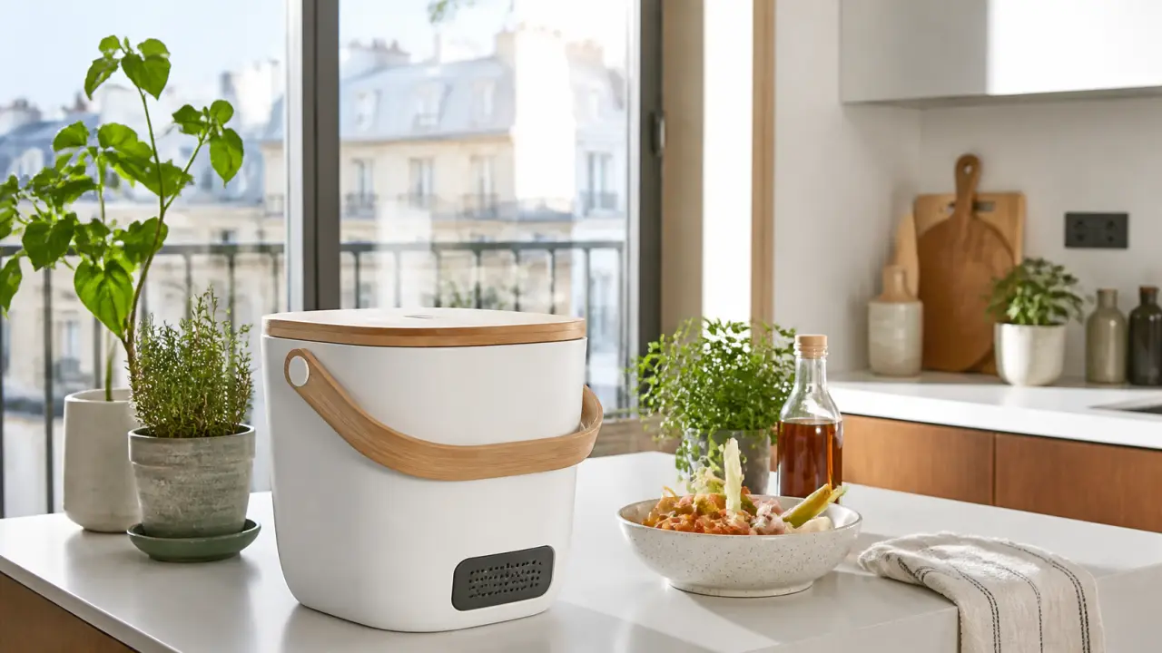 Composteur d’intérieur design en bois et céramique dans une cuisine d’appartement moderne, près de plantes vertes