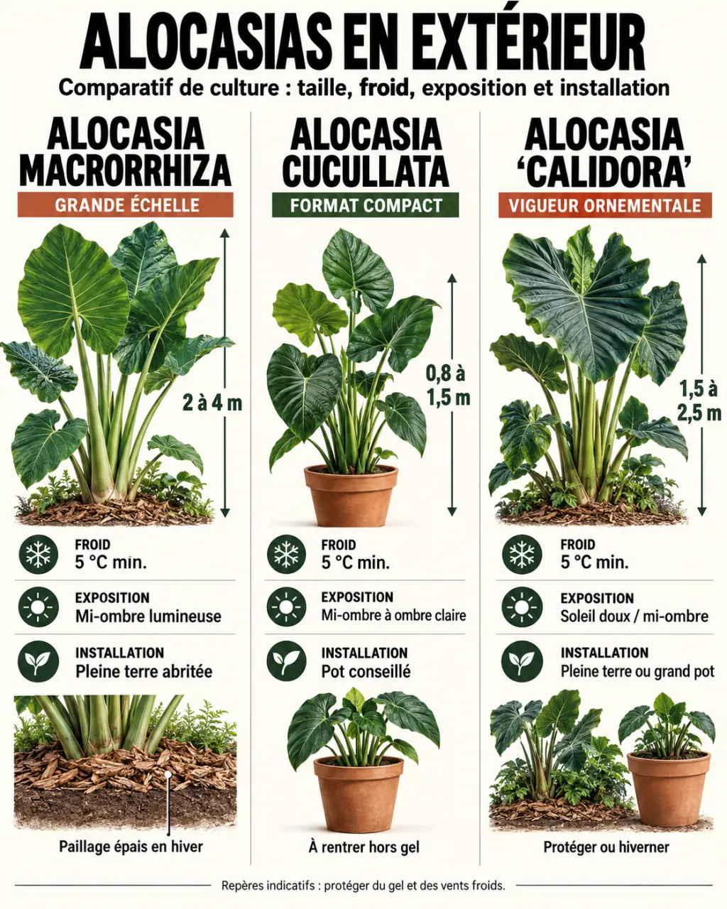 Infographie comparative sur la plante oreille d’éléphant extérieur selon trois variétés d’Alocasia