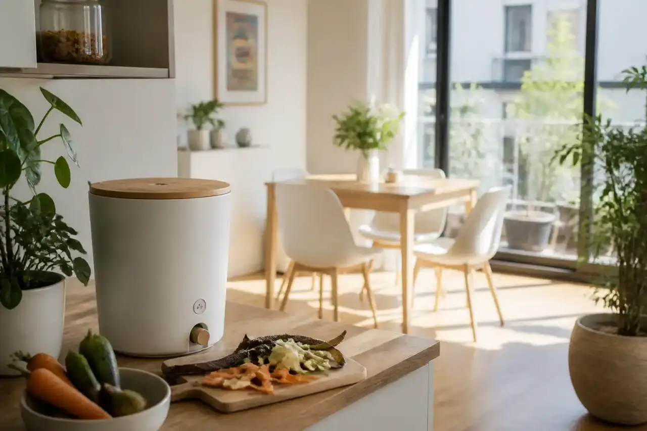 Composteur d'intérieur design en céramique dans une cuisine lumineuse