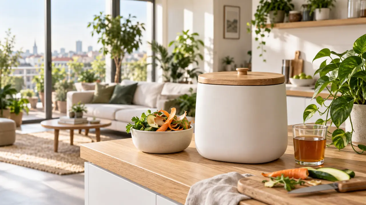 Composteur d'intérieur design en bois et céramique dans une cuisine lumineuse