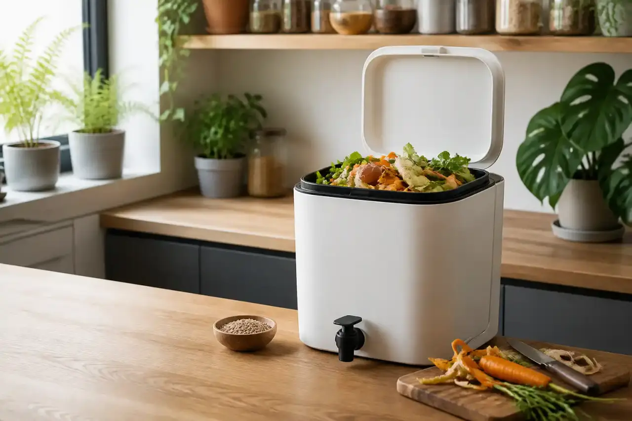 Composteur design en bois et céramique dans une cuisine d'appartement lumineuse