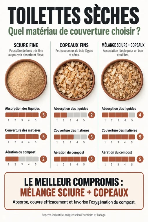 Comparaison de la sciure pour toilettes sèches, des copeaux fins et du mélange sciure-copeaux