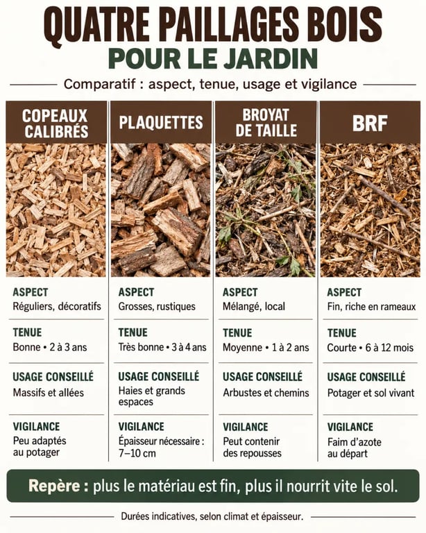 Jardin copeaux de bois : comparaison des copeaux, plaquettes, broyat et BRF