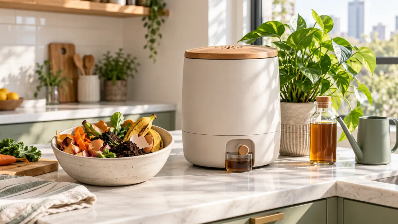 Composteur intérieur en bois et céramique dans une cuisine d'appartement entourée de plantes