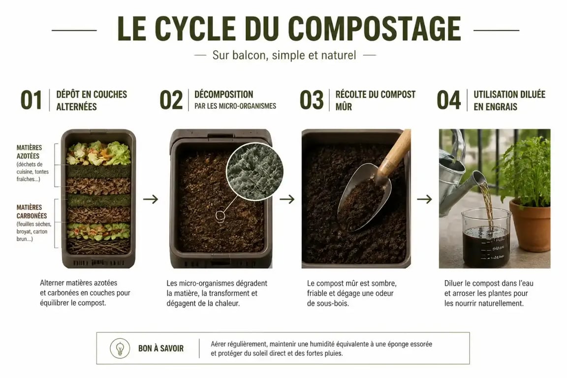 Schéma du cycle de compostage sur balcon, du dépôt des déchets à l'utilisation du compost