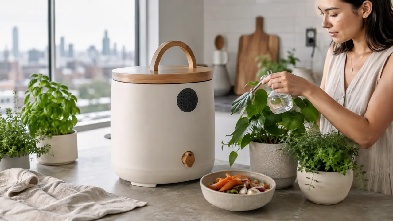 Composteur d'intérieur design en bois et céramique dans une cuisine lumineuse