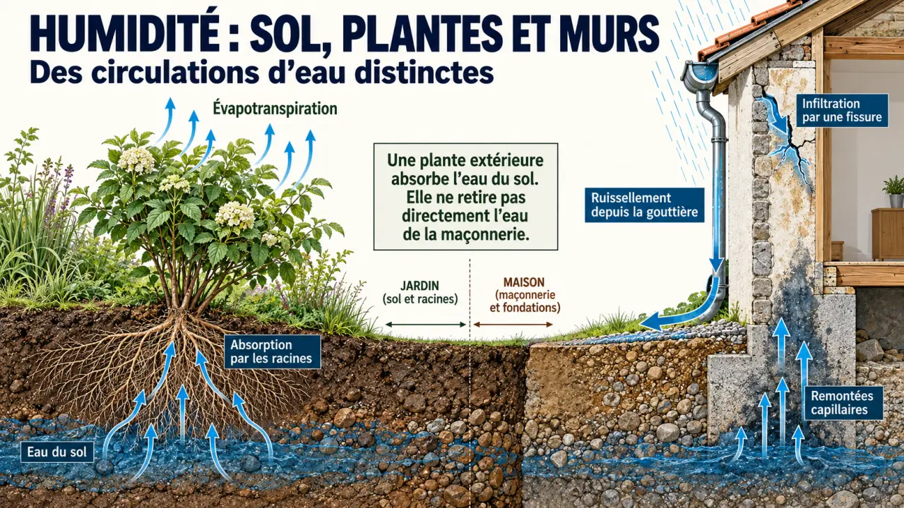 Schéma d’une plante qui absorbe l’humidité des murs extérieur et distinction entre eau du sol, infiltration et remontées capillaires