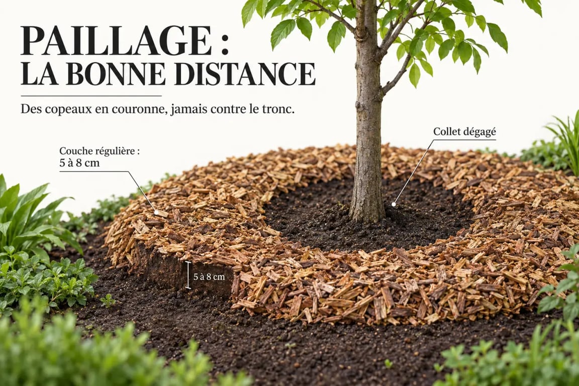 Jardin copeaux de bois correctement posés autour d'un arbre sans toucher le tronc