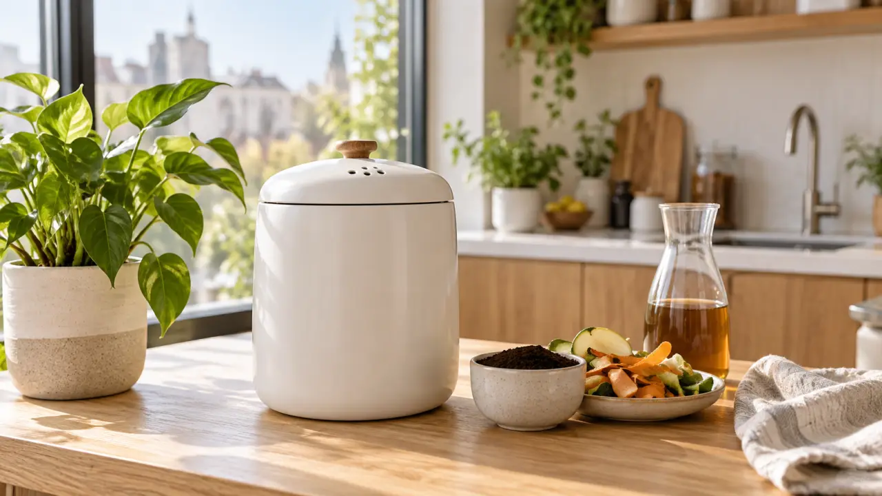 Composteur d'intérieur en bois et céramique dans une cuisine lumineuse
